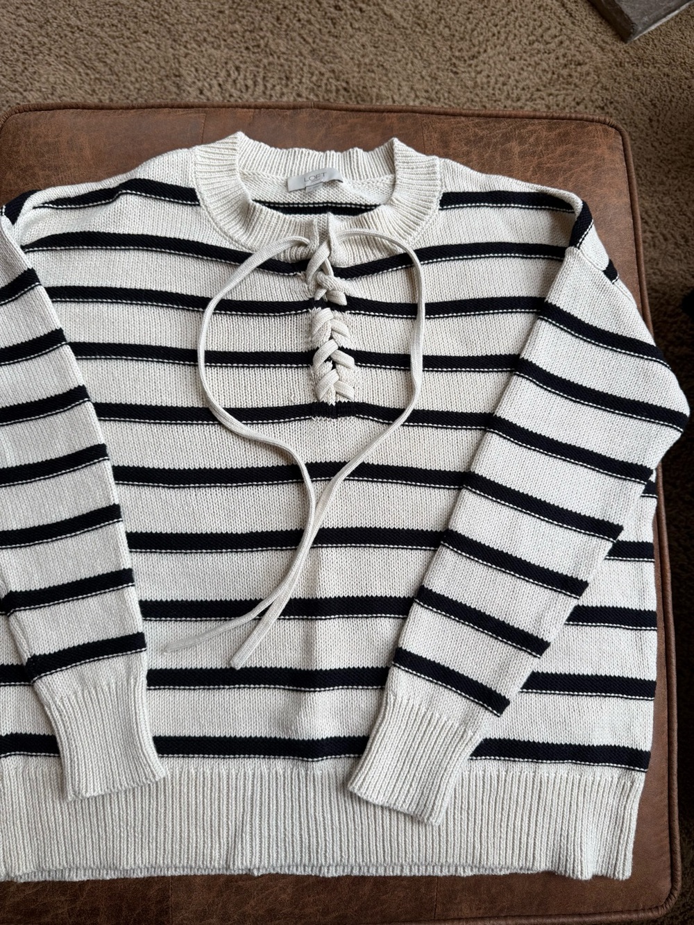 LOFT Striped Lace-Up Crewneck Sweater - Cream & Black
